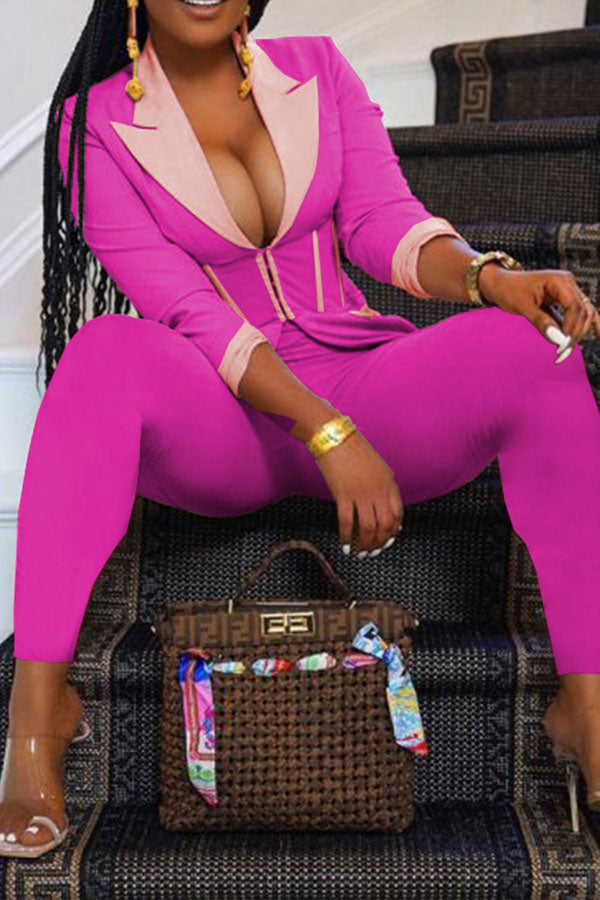 storexq Color Block Patchwork Elegant Zipper Pant Suit