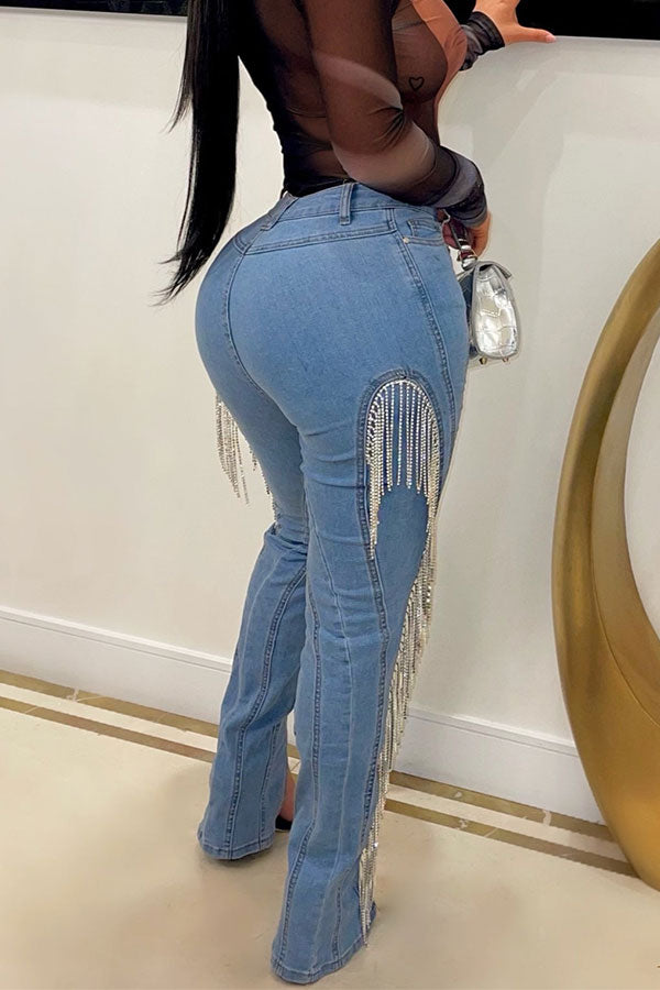 storexq Blue Patchwork Rhinestone Tassel Romantic Split Hem Jeans