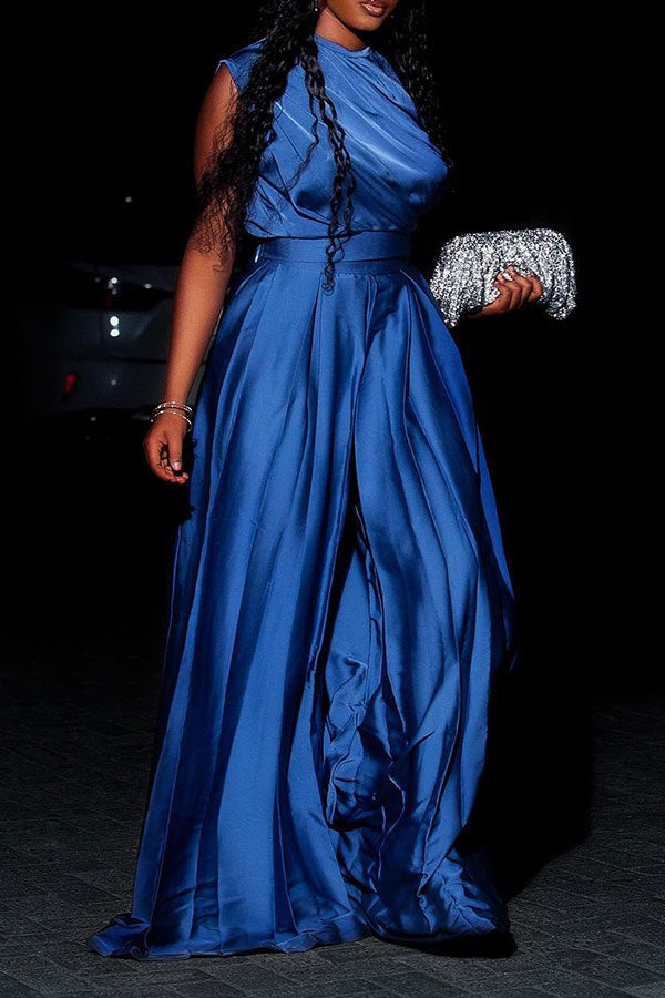 storexq Solid Color Sleeveless Pretty Pleated Wide Leg Jumpsuit