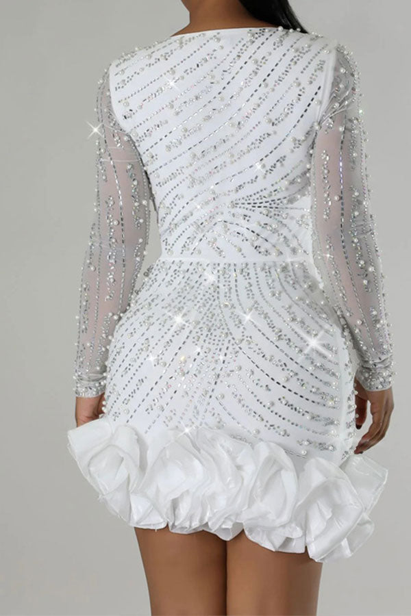 namcoverse Rhinestone & Beaded Decor Elegant Ruffled Mini Dress