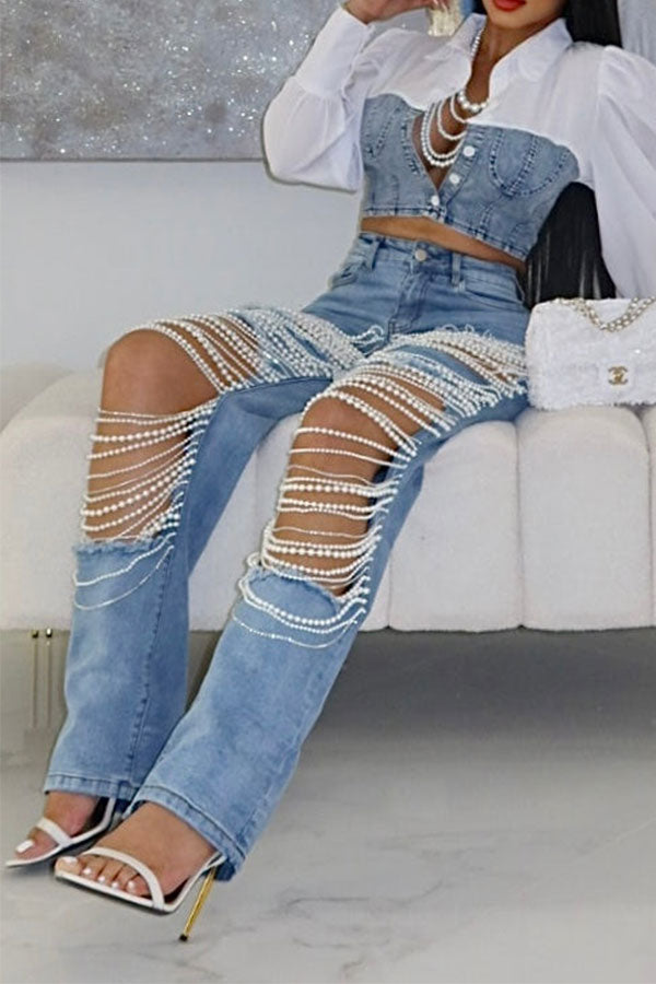 storexq Ripped Multi-layer Beaded Decor Striking Washed Jeans