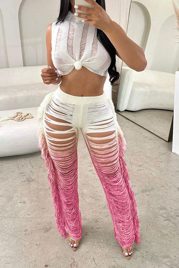 storexq Gradient Ripped Cool Side Tassel Knitted Pant Suit