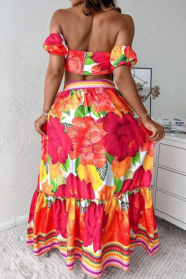storexq Floral Print Tropical Strapless Tiered Dress Suit
