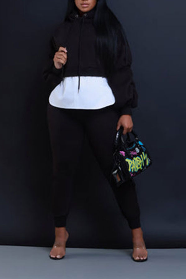 storexq Hit Color Patchwork Casual Hooded Pant Suit