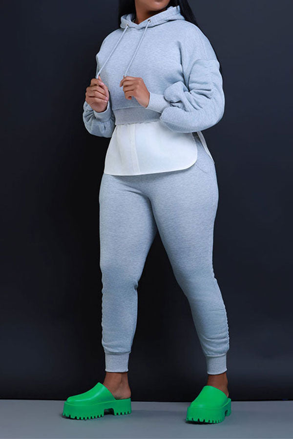 storexq Hit Color Patchwork Casual Hooded Pant Suit