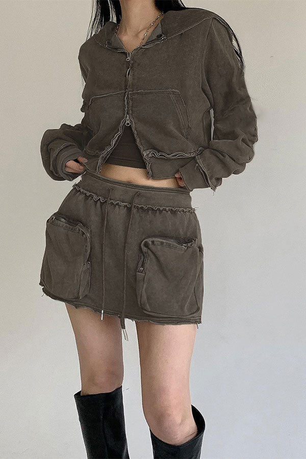 storexq Solid Color Hooded Cool Patch Pocket Dress Suit