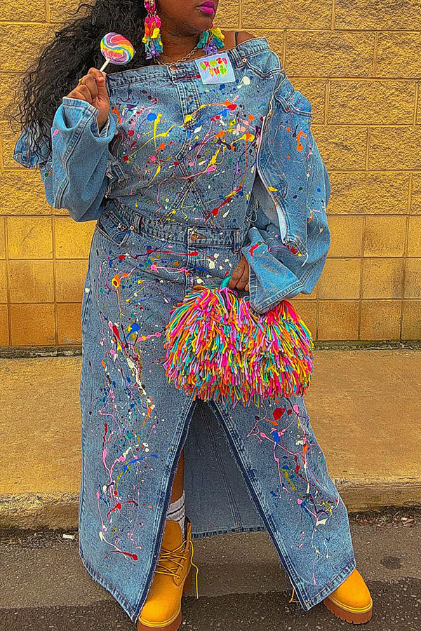 storexq Splash Ink Print Denim Off Shoulder Hippy Mid Split Skirt Suit