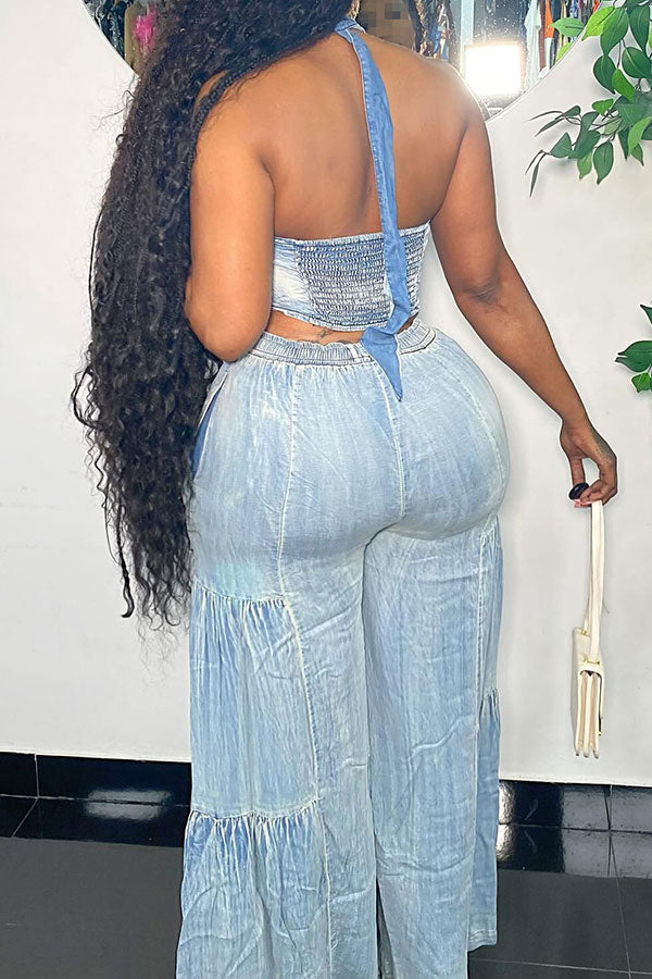 storexq Blue Washed Denim Cross Halter Flattering Tiered Wide Leg Pant Suit