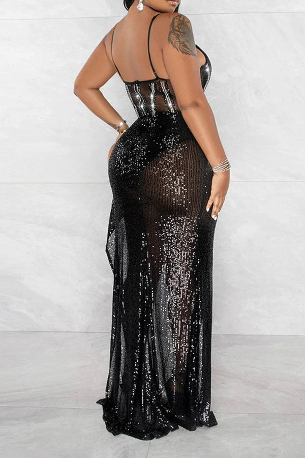 storexq Rhinestone & Sequined Luxe High Split Maxi Dress