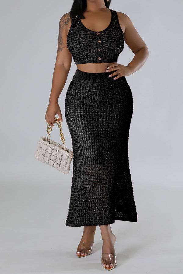 storexq Solid Color Crochet Cutout Beachy Fishtail Skirt Suit