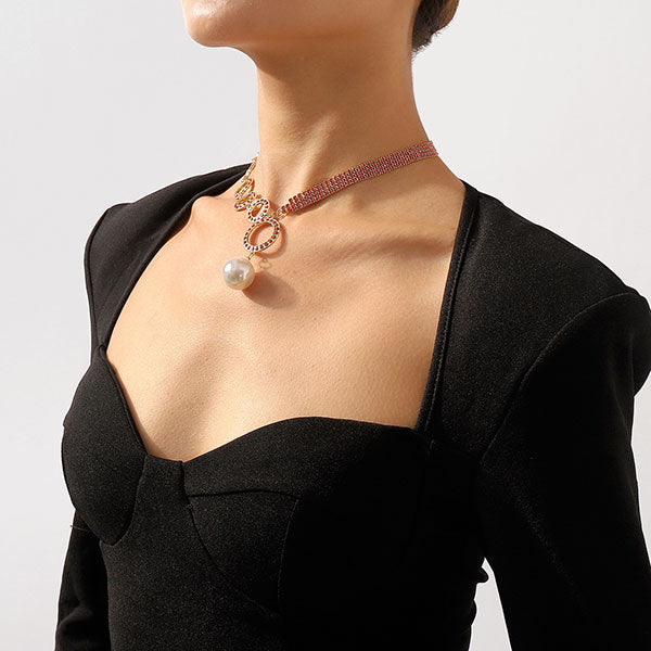 storexq Rhinestone O-ring Design Stunning Faux Pearl Pendant Necklace