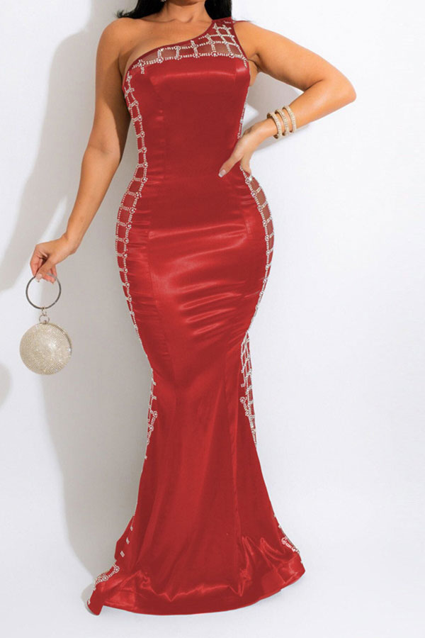 storexq Rhinestone Patchwork One Shoulder Luxe Fishtail Maxi Dress