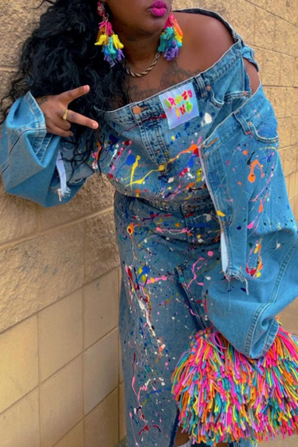 storexq Splash Ink Print Denim Off Shoulder Hippy Mid Split Skirt Suit