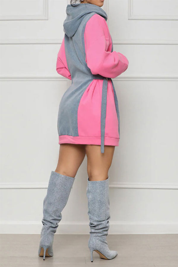 storexq Color Block Patchwork Casual Hooded Mini Dress