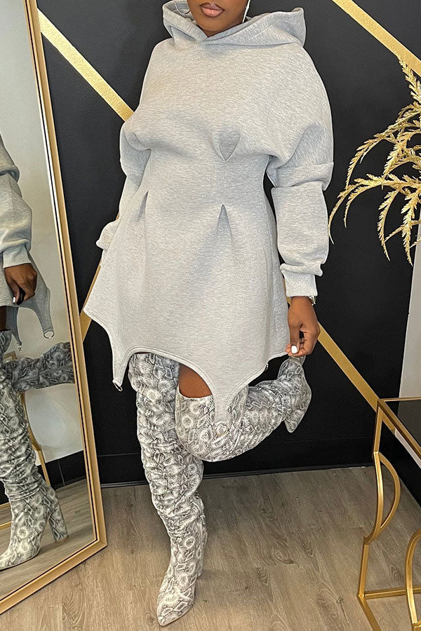storexq Solid Color Hooded Cozy Irregular Hem Mini Dress