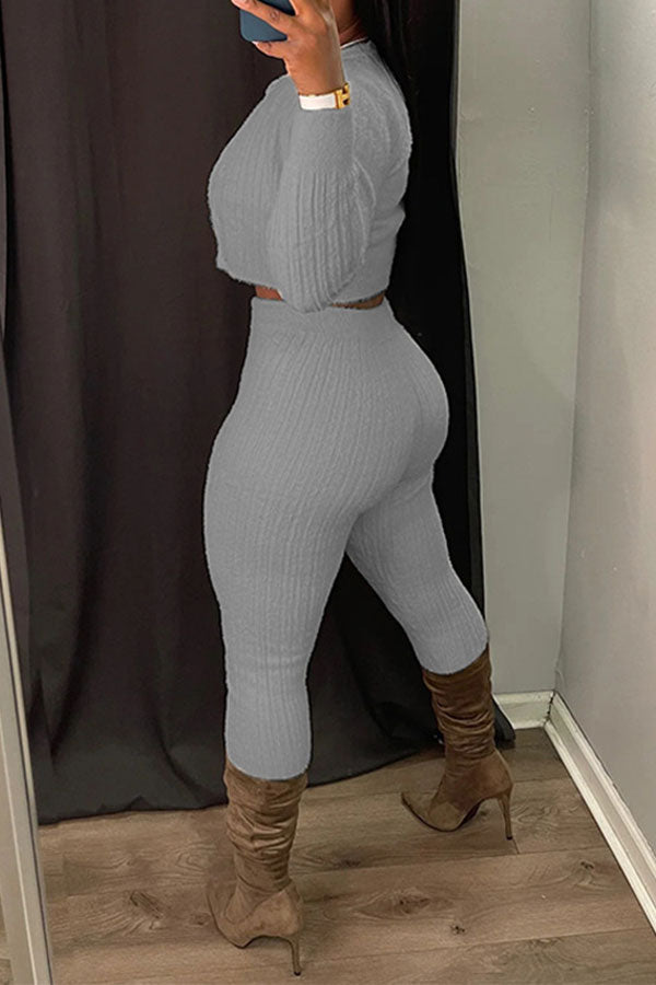 storexq Solid Color Simple Bodycon Knitted Pant Suit (Three Pieces)