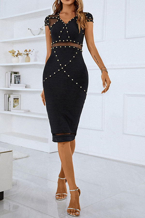storexq Black Unique Rivet Design See-Through Midi Dress