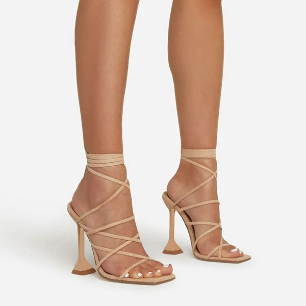 storexq Solid Color Feminine Strappy Pyramid Heeled Sandals