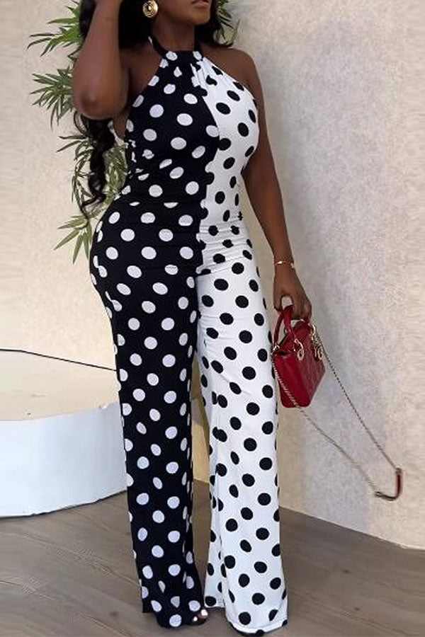 storexq Hit Color Polka Dot Feminine Halter Collar Jumpsuit