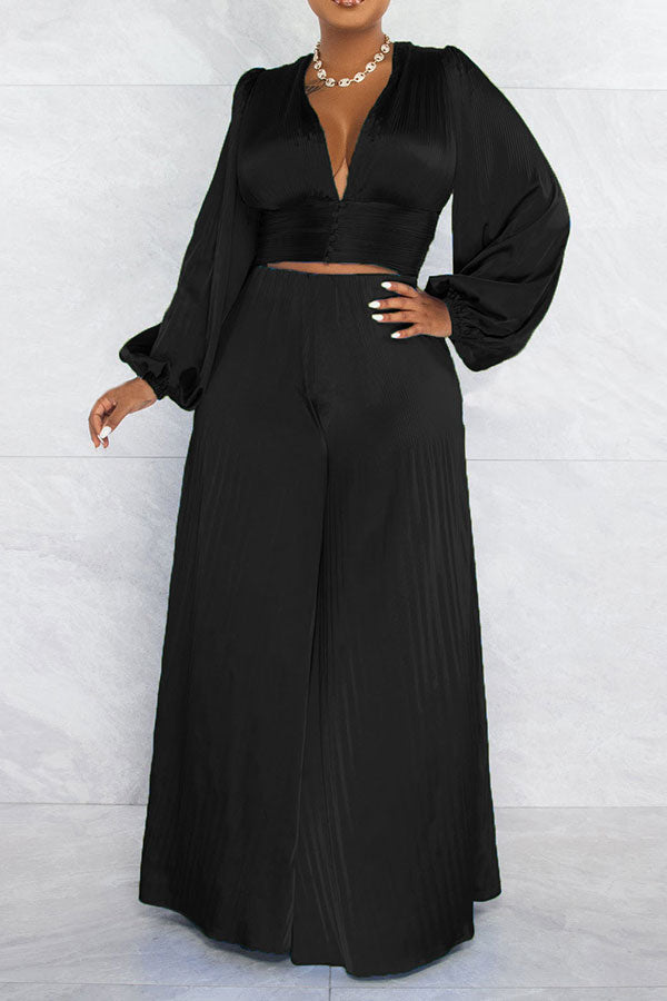 storexq Solid Color Casual Puff Sleeve Pant Suit