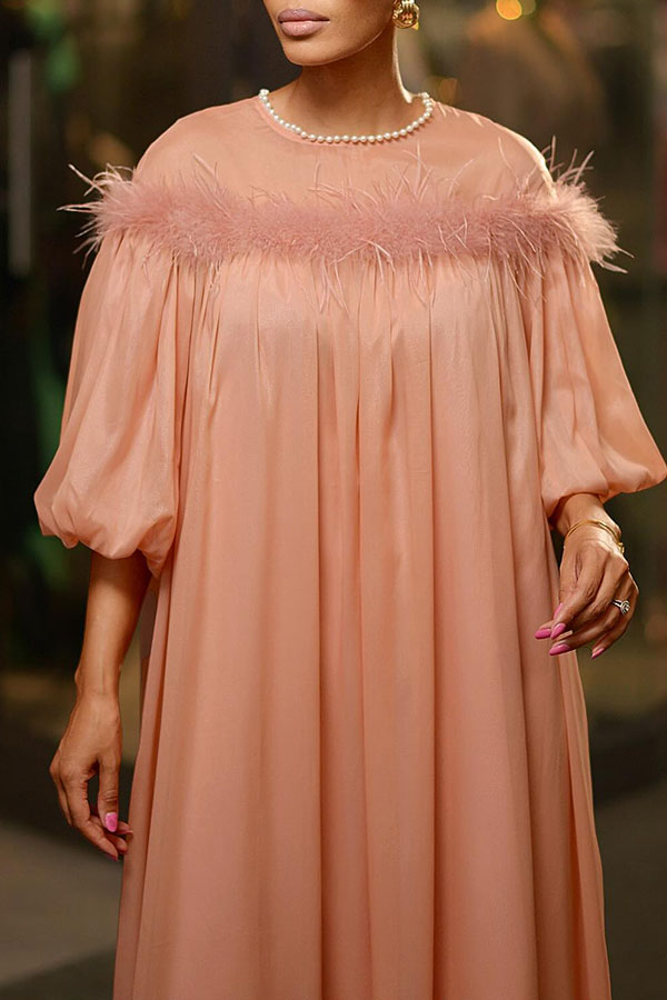 storexq Solid Color Feather Trim Rocking Puff Sleeve Midi Dress
