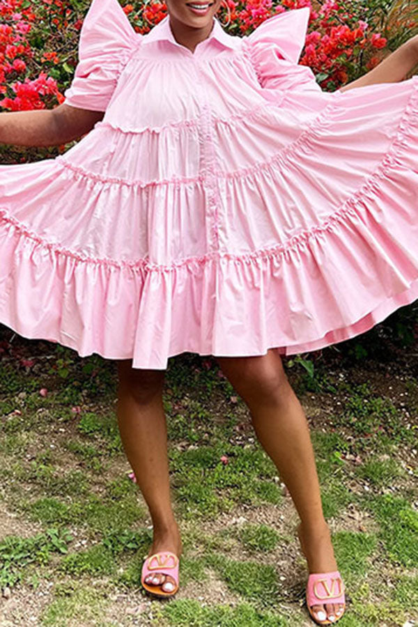 storexq Solid Color Retro Single Breasted Mini Dress