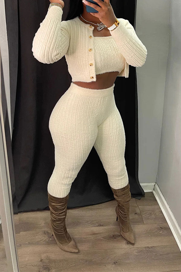 storexq Solid Color Simple Bodycon Knitted Pant Suit (Three Pieces)