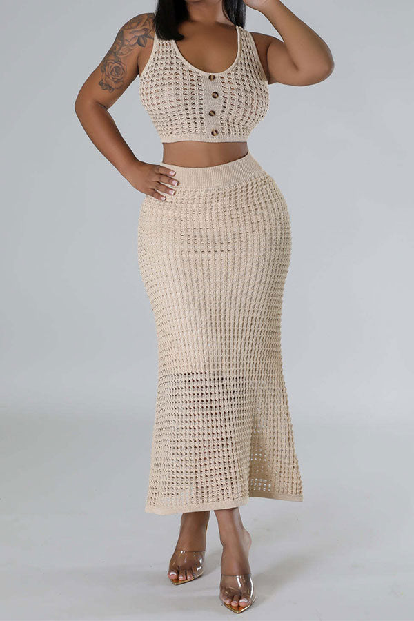 storexq Solid Color Crochet Cutout Beachy Fishtail Skirt Suit