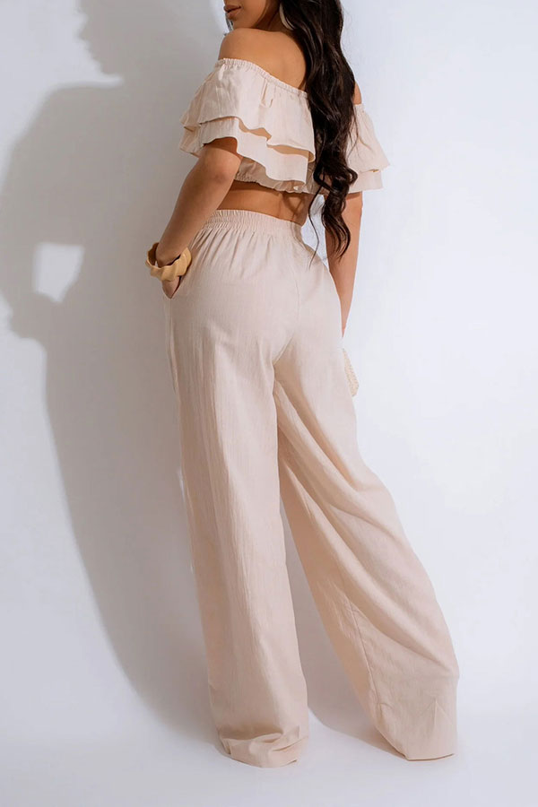 storexq Solid Color Ruffles Off Shoulder Feminine Wide Leg Pant Suit