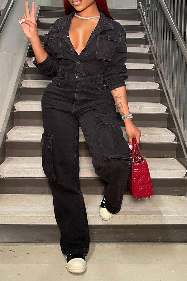 storexq Solid Color Cool Multi Pocket Denim Jumpsuit