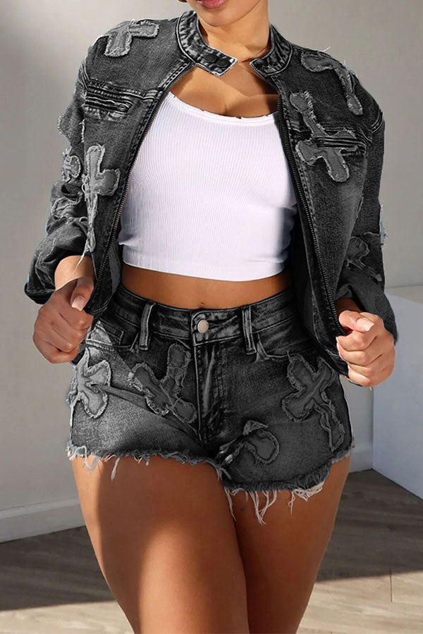 storexq Gradient Denim Cross Applique Cool Pant Suit