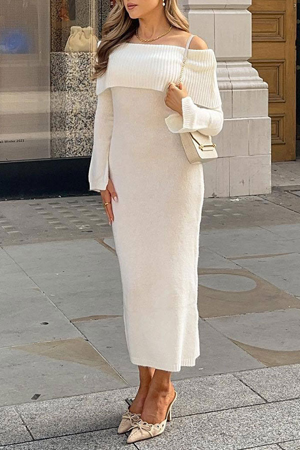 storexq Solid Color Off Shoulder Feminine Knitted Midi Dress