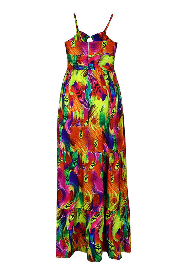 storexq Feather Print Colorful Tiered Ruffle Maxi Dress