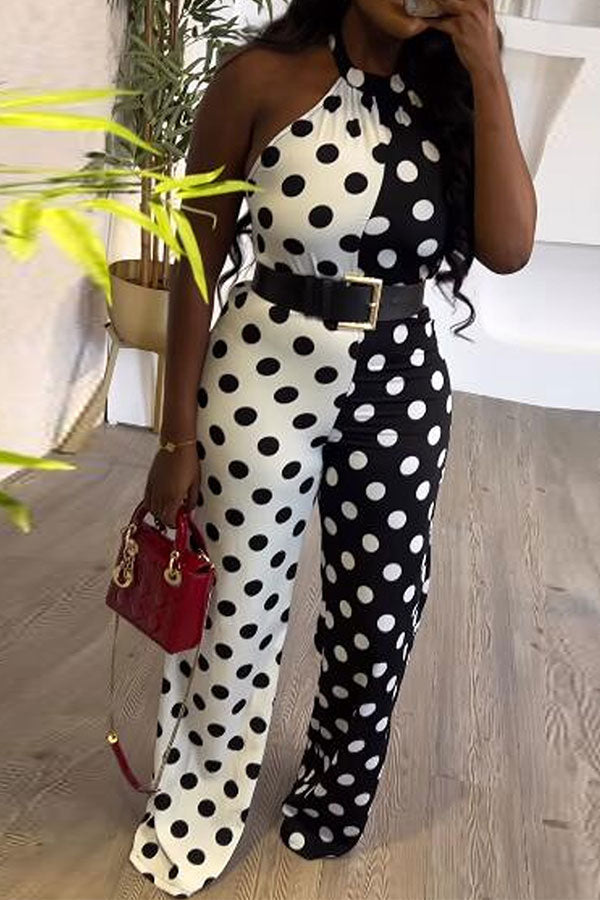 storexq Hit Color Polka Dot Feminine Halter Collar Jumpsuit