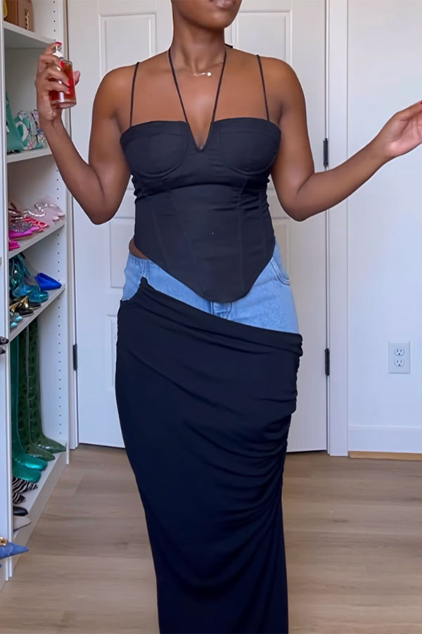 storexq Denim Patchwork Chic Draped Skirt