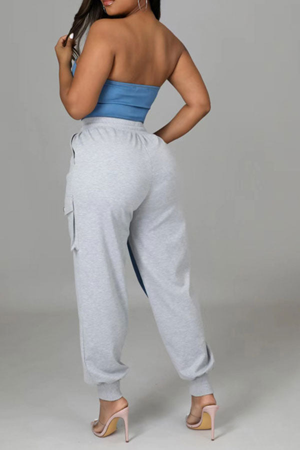storexq Denim Patchwork Sporty Pocket Design Pant Suit