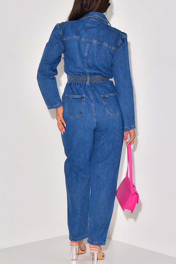 storexq Solid Color Notched Lapel Commuting Denim Jumpsuit