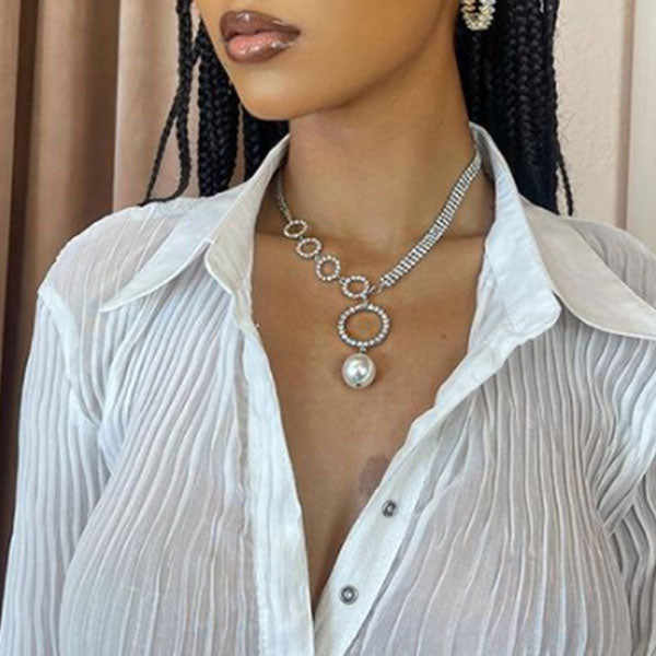 storexq Rhinestone O-ring Design Stunning Faux Pearl Pendant Necklace