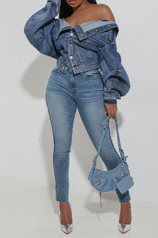 storexq Patchwork Off Shoulder Versatile Denim Jacket