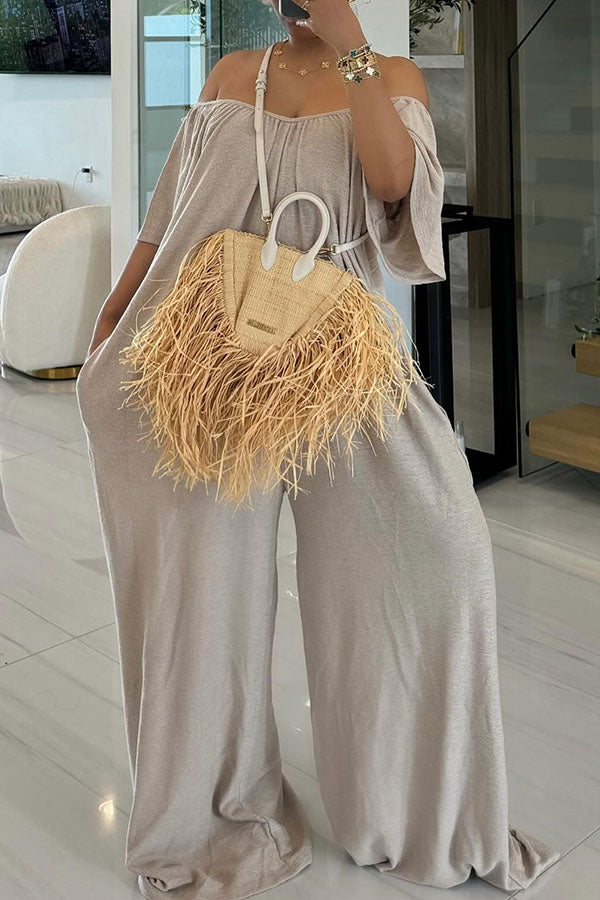 storexq Solid Color Off Shoulder Laid Back Wide Leg Jumpsuit
