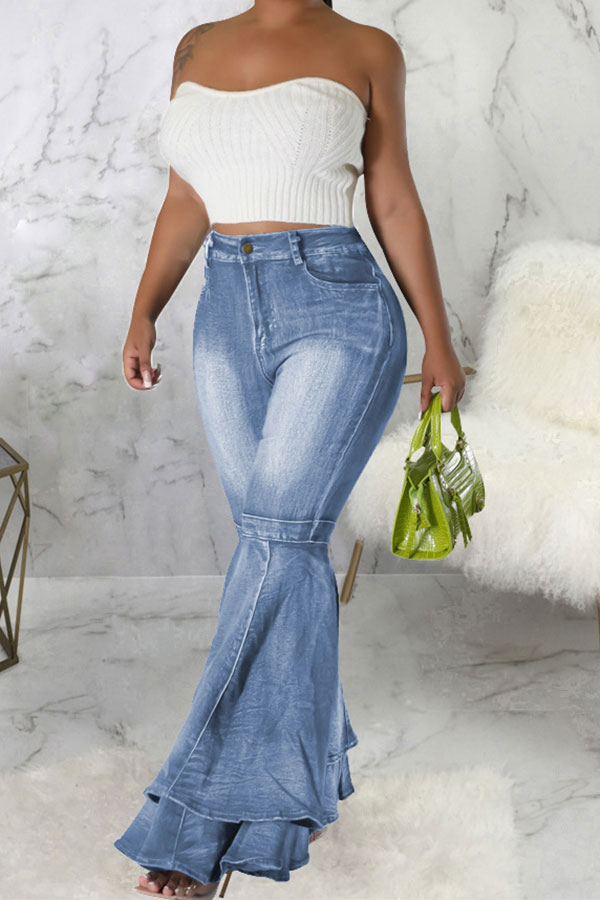storexq Solid Color Pretty Layered Bell Bottoms Jeans