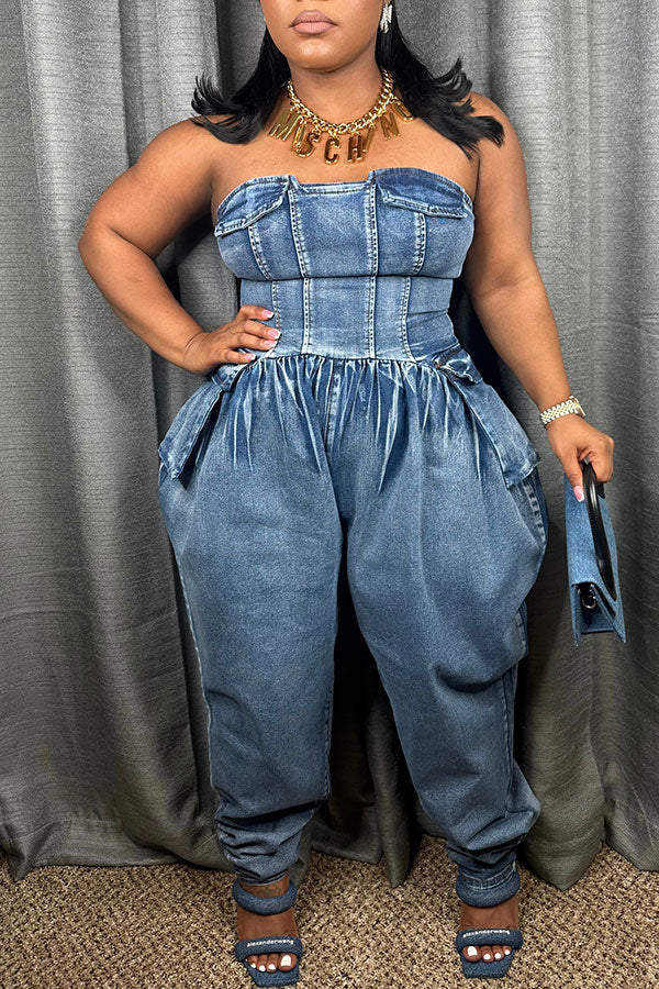 storexq Blue Strapless Party Washed Denim Jumpsuit