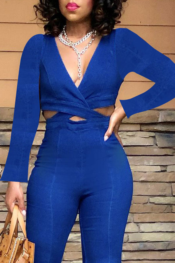 storexq Denim Wrap Cutout Feminine Bell Bottoms Jumpsuit