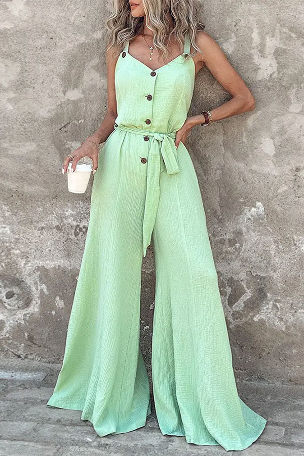 storexq Solid Color Classic Casual Wear Button Belted Jumpsuit