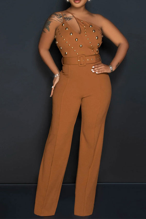storexq Rivet Design One Shoulder Glamorous Belted Jumpsuit