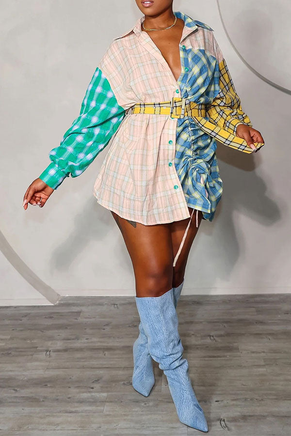 storexq Plaid Classic Drawstring Belted Mini Dress