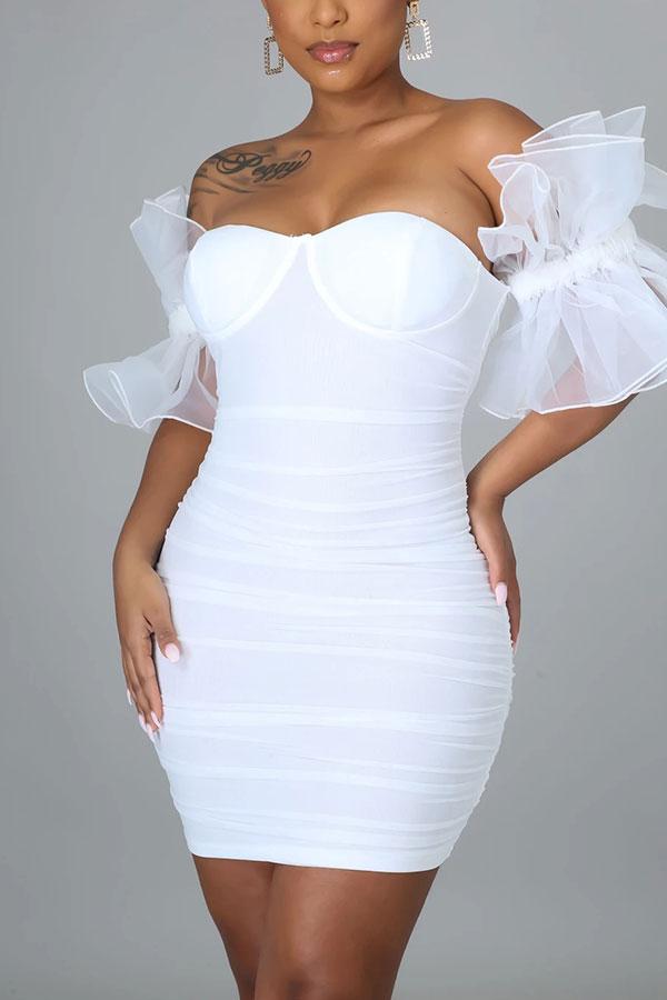storexq Solid Color Ruffle Mesh Sleeve Pretty Bandeau Mini Dress