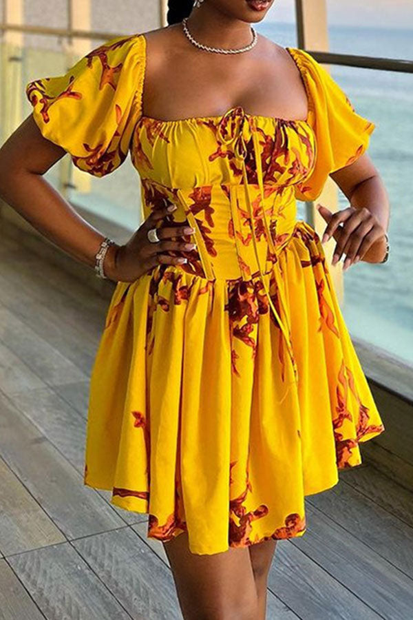 storexq Floral Print Girly Square Collar Puff Sleeve Mini Dress