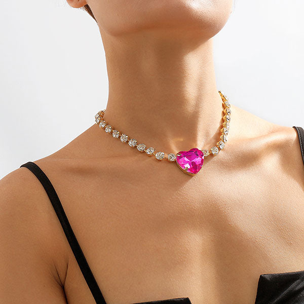storexq Heart-Shaped Glass Drill Girly Rhinestone Necklace