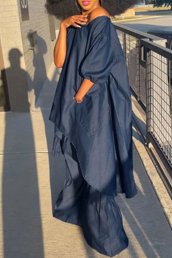 storexq Denim On-trend Irregular Top & Ruffle Pant Suit
